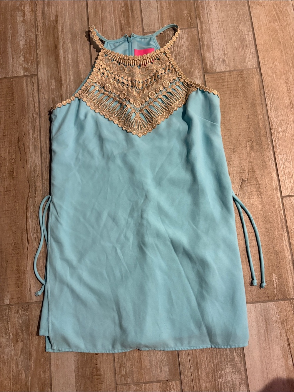 Lilly Pulitzer Aqua Halter Tunic with Gold Crochet Yoke